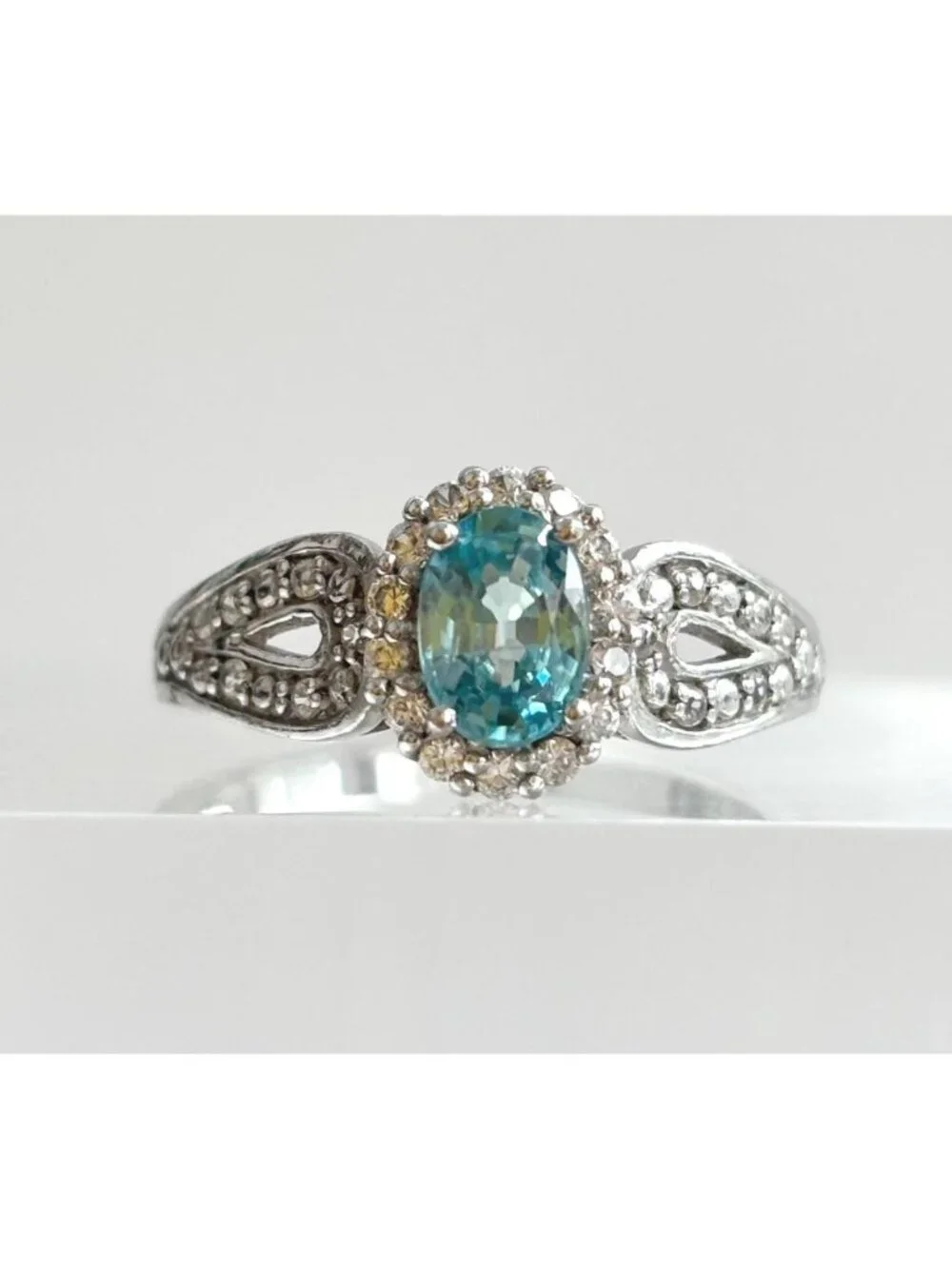 Blue Topaz Halo Style Multi Gemstone Sterling Silver 925 Vintage Ring - sz 8